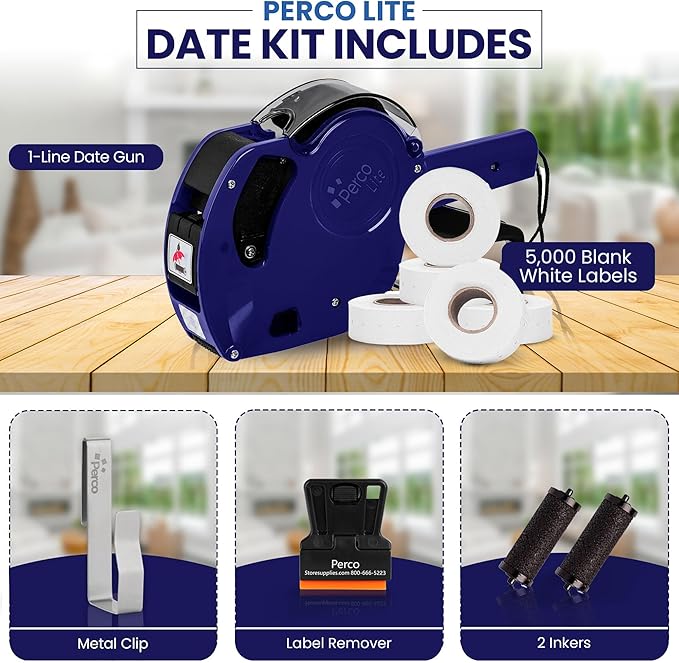 Perco Lite 1 Line Dater Gun with Labels Kit - Includes 5,000 Blank White Labels, 1 Gun Clip, 2 Ink Rollers, 1 Ink roll and Labels Pre-Loaded