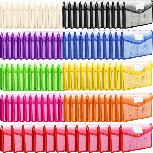 Handepo 100 Pcs Plastic Expanding File Folder Bulk - Transparent Large-Capacity Portable Documents Envelopes with Snap Closure for Office, Business, School - No Dividers (A4 Size,Multiple Colors)