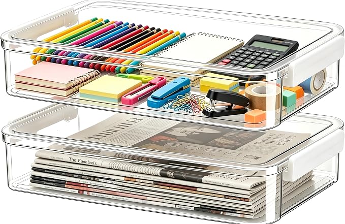 2 Pcs Plastic Storage Bins - Scrapbook Paper Organizer & Craft Storage Organizer, Plastic File Box for A4 Paper, Files, Stationery - Stackable Storage Boxes for Home/Office/School