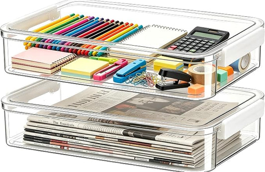 2 Pcs Plastic Storage Bins - Scrapbook Paper Organizer & Craft Storage Organizer, Plastic File Box for A4 Paper, Files, Stationery - Stackable Storage Boxes for Home/Office/School