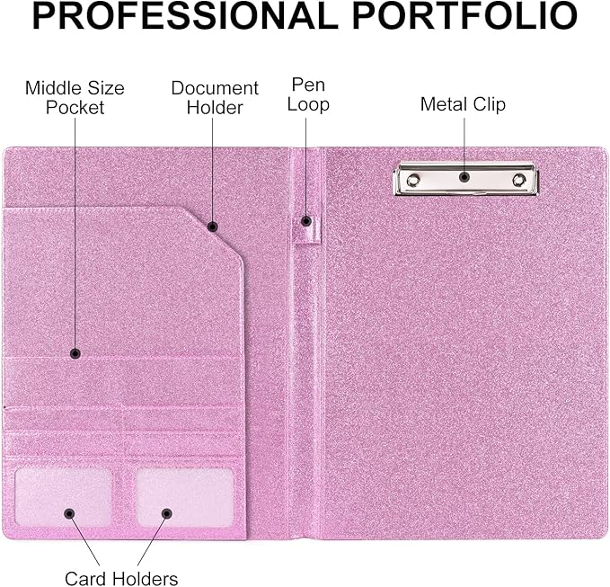 Cacturism Padfolio Portfolio Folder, Foldable Letter Size Clipboard Legal Pad, Bling PU Leather Professional Folio Organizer for Women - Resume Business Document Holder for Job Work Office, Pink
