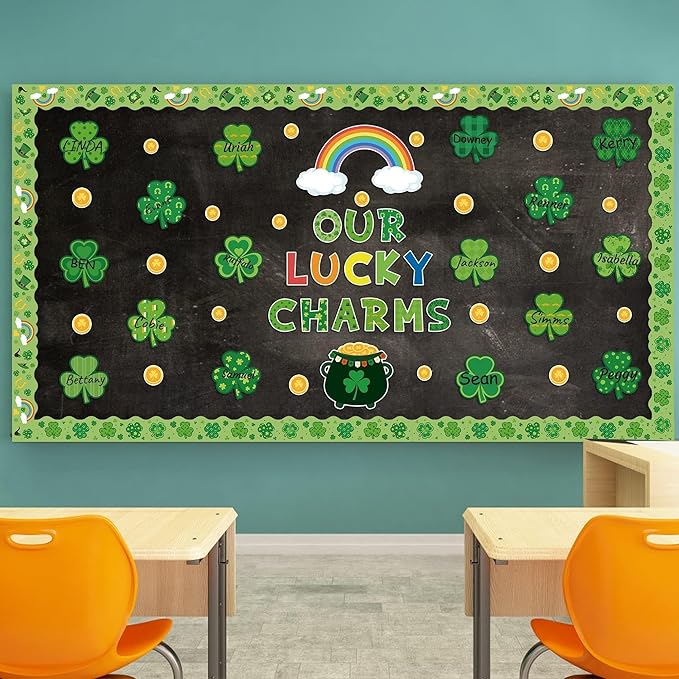 Clover Bulletin Board Cutouts- 121P Our Lucky Charms Shamrock First Day of School Bulletin Board for Classroom Party Home School Wall Decor, Back to School Gold Rainbow Stockpot Cutouts