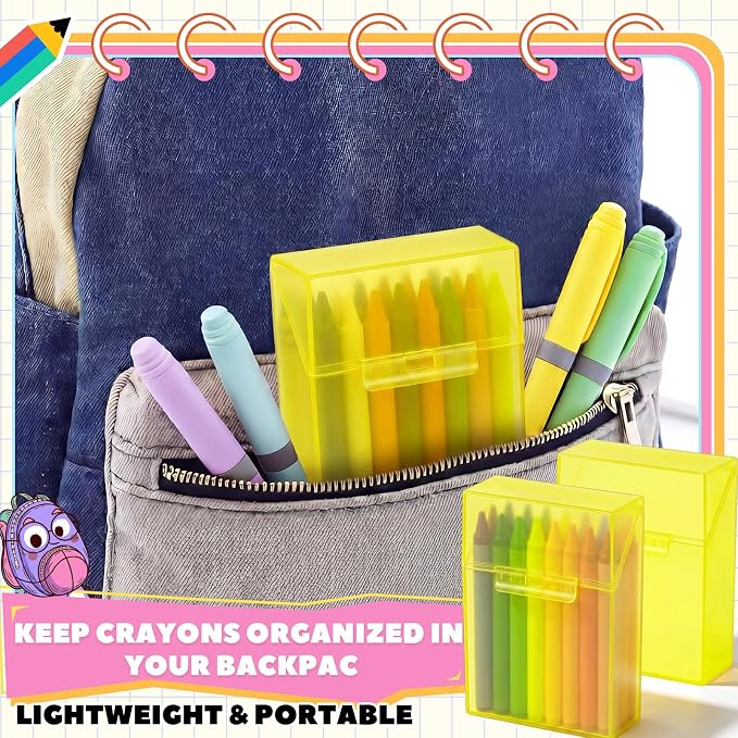 Clabby 4 Pcs Plastic Crayon Organizer Case for 24 Count Crayons Kids Art Supply Storage Box with Lid, Portable Holder for Classroom Home Travel, Fits Standard 24-Pack Crayon (Yellow)