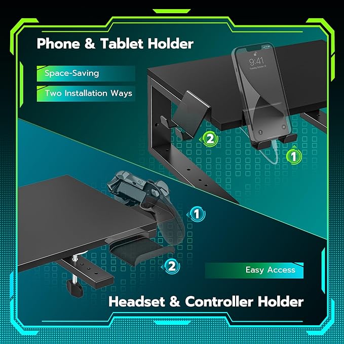 ARES WING Desk Shelf Extender, 15 inches 3 in 1 Clamp on Desk Shelf with Phone & Headset Holders, Heavy Duty Desktop Organizer for Gaming and Office Accessories, Black