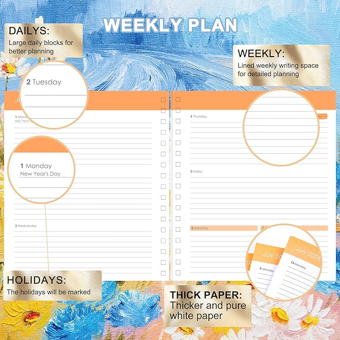 CAGIE 2026 Planner Weekly and Monthly 13 Month Hardcover Planner for Women with Pockets, Large Calendar with Stickers Tabs, Dec 2025–Dec 2026, 8.3" x 9.3", Daisy