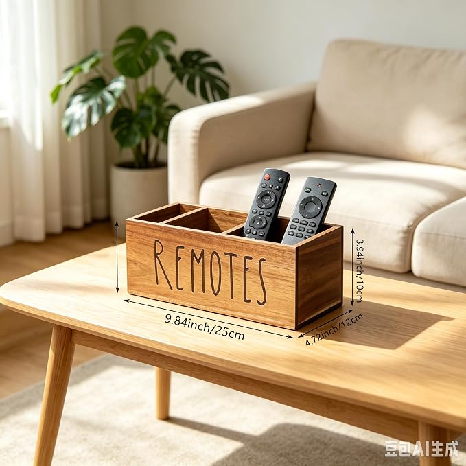Remote Control Holder, Farmhouse Wood TV Organizer for Table, Wooden Remote Control Organizer, Remote Storage Caddy, Remote Control Organizer (Brown, 9.8 Inch-Labeled REMOTE)