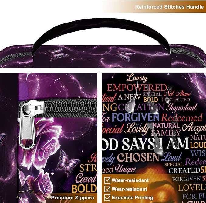 God Says I Am Bible Cover for Women, African American Design Bible Case with Handle and Zipper Pocket, Inspirational Scripture Canvas Bag for Church, Bible Study, Spiritual Christian Gift