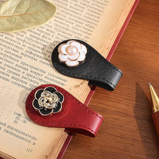 2PCS Magnetic Bookmarks with Pen Clip, Leather Bookmarks for Women, Magnetic Pen Holder Book Accessories, Gold Camellia