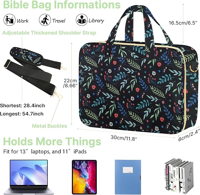 PUGPIU Bible Cover Case for Women, Large Quilted Bible Bag with Shoulder Strap and Handle, Bible Study Supplies Journaling Kit with Highlighters Pens No Bleed Tabs Notebook Cross Clips (Leaf)