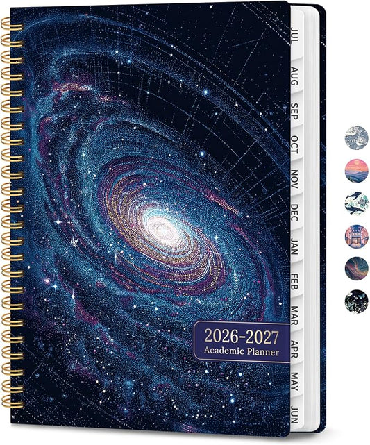 Planner 2026-2027, Hardcover Monthly and Weekly Academic Planner July 2026 - June 2027, Teacher and Student Calendar Agenda Book with Tabs, A5 (6.3" x 8.5"), Ideal for School and Office, Galactic Spiral