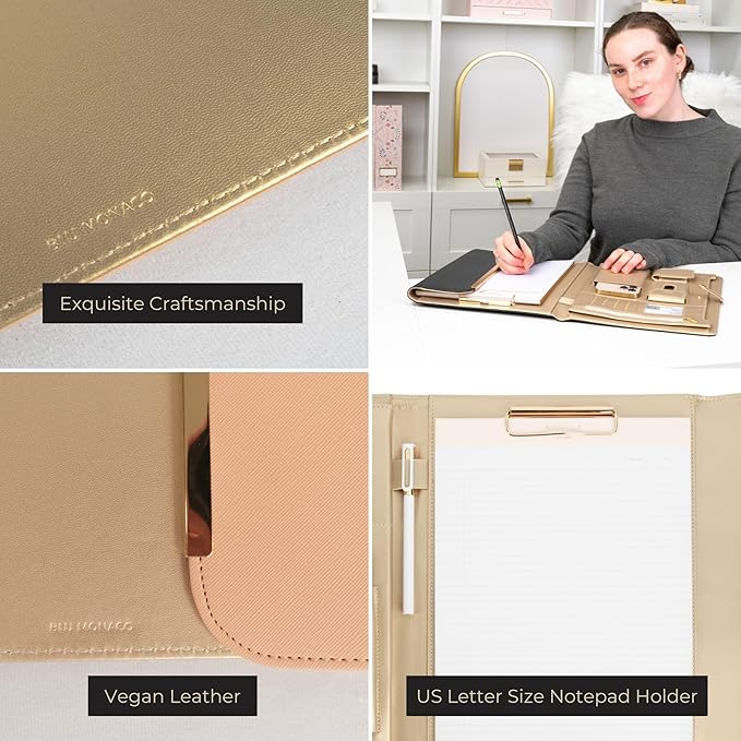 BLU MONACO | Peach Beige Vegan Leather Padfolio | Professional Portfolio Binder with Magnetic Closure and Gold Trim | 8.5 x 11 Business Organizer Case for Women