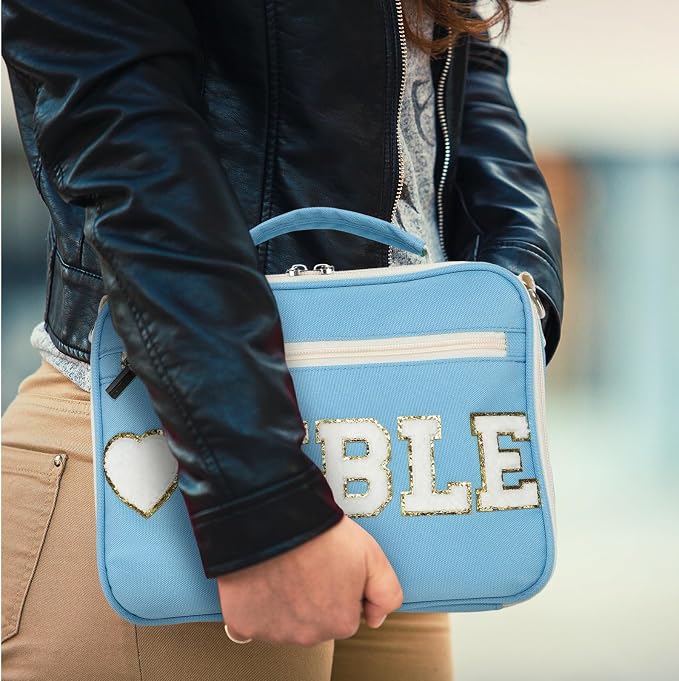Silkfly Blue Bible Cover Case Preppy Large Chenille Letter Church Bag with Shoulder Strap Handle Back to School Gifts Waterproof Christian Tote Bag for Women Teacher Bible Accessories