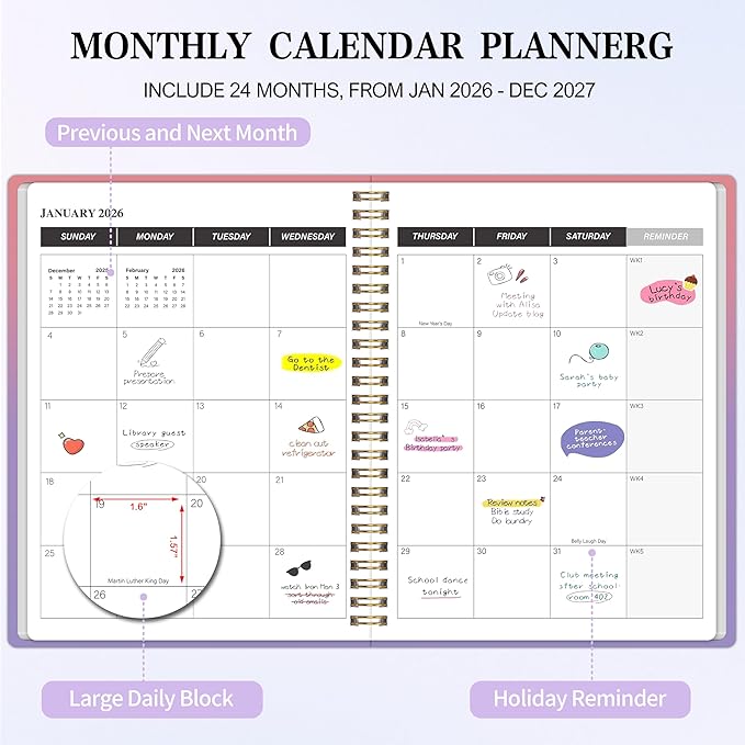 Monthly Planner 2026-2027, 2026 Calendar 24 Months Planner, 7.4"x9.4", JAN 2026 - DEC 2027, Personal Organizer with Monthly Goals, To-Do List, Habit Tracker, 24 Monthes for School Office Home Planning