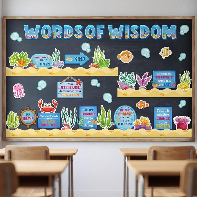Qilery Ocean Theme Bulletin Board Set, Under the Sea Motivational Classroom Decor, Words of Wisdom Inspirational Cutouts, Back to School Teacher Supplies, Positive Affirmation Wall Decor