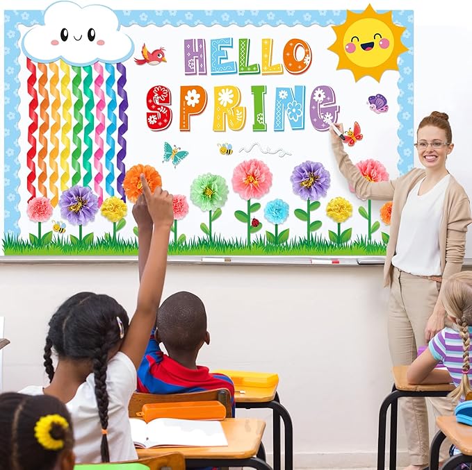 Spring Classroom Bulletin Board Decorations 3D Hello Spring Cutouts Floral Bulletin Board Set Flower Paper Pom Poms Craft for School Classroom Office Chalkboard Wall Door Decor Supplies