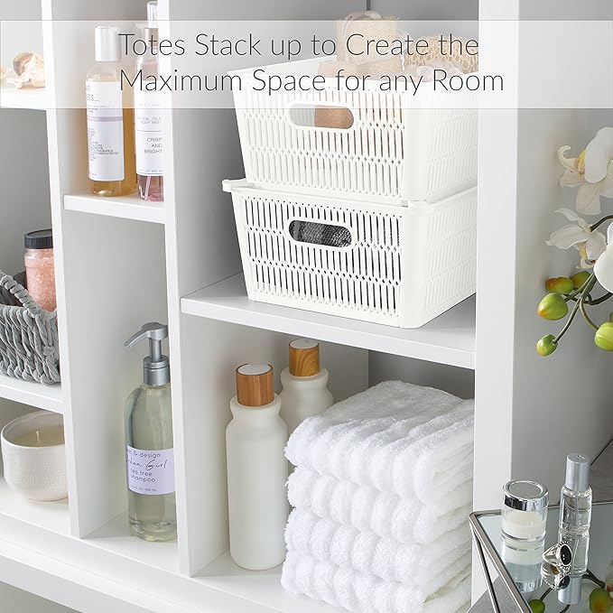 Simplify 4Pk Large Slide 2 Stack It Tote Basket | Storage & Organization | Open Bins with Stackable Capability | Bathroom | Crafts | Pantry | Playroom | Office | White (KIT-25930-WHITE-4PK)