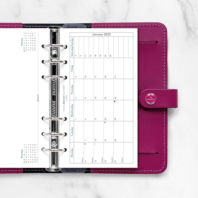 Filofax Calendar Diary Refill, Personal/Compact Size, Month on One Page with Notes, Horizontal, White Paper, English, 2025 (C68405-25)