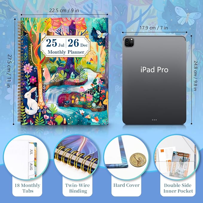 Monthly Planner 2025-2026 - Jul. 2025 - Dec. 2026, 18 Monthly Calendar 9" x 11", Large Monthly Notebook 2025-2026 with Monthly Tabs, Spiral Bound Monthly Planners for Office School and Home Organizing