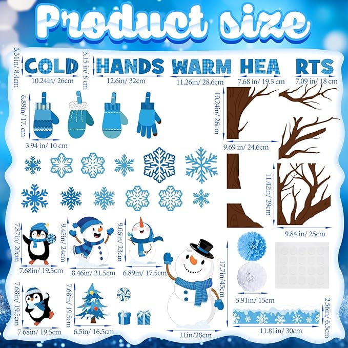 Gilprop 127 Pcs Winter Bulletin Board Set 3D Winter Tree Bulletin Board Decorations with Paper Pom Poms Snowman Penguin Snowflake Gloves Cold Hands Warm Hearts Cutouts for School Classroom Supplies