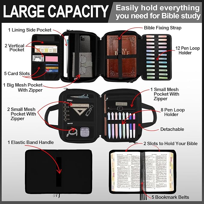 Bible Cover Case for Men Women with Highlighters Tabs Pens Cross Clips Large Church Bag with Zippered Pocket and Handle, Bible Study Supplies Bible Journaling Kit Book Carrying Case (Black)