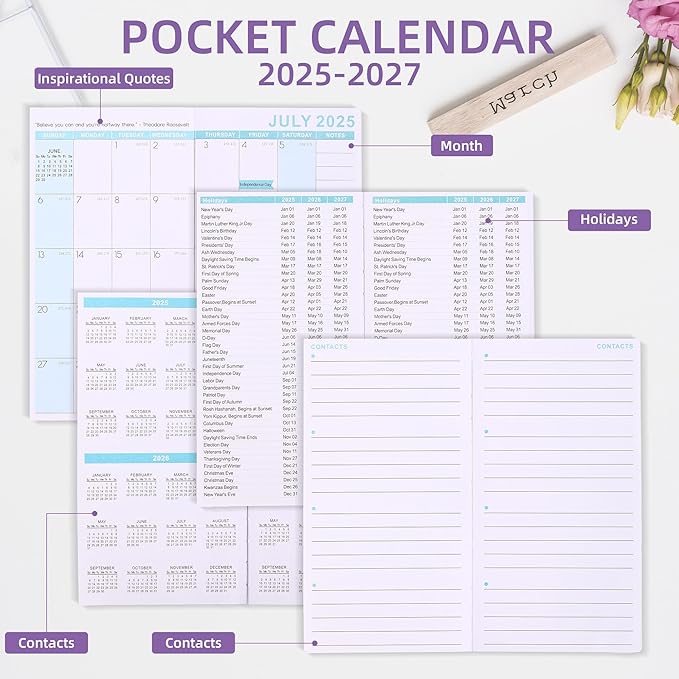 2026-2027 Monthly Pocket Planner/Calendar , 2 Year Small Size Academic Planner With Daily Quotes Hardcover Agenda Book Perfect Organizer for Purse,Planning, Organizing, and Office Use (Starry Sky Purple+Green)