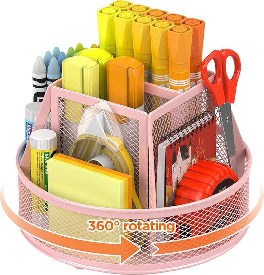 Docnest 360° Rotating Pen Holder,Heavy-Duty Metal Mesh Desk Organizer with 6 Compartments for Pencils,Scissors & Markers –Space Saving Office Supply for Teachers, Students & Home Desk-Pink