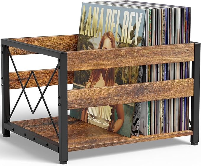Y&M Vinyl Record Storage Crate, Wooden Storage Box, Classic Cube CD Albums Shelf Holder Organizer, Holds Up to 100+ Records, Magazine Rack for Desktop, Home, Office, Brown