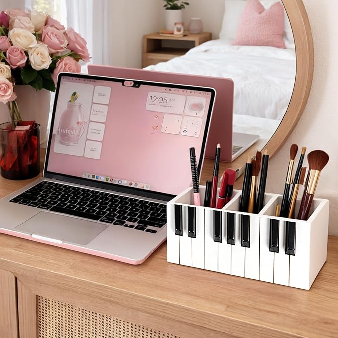 Piano Keys Desk Organizer, 3 Compartment Wooden Pencil Holder, Music-Themed Pen, Pencil, Scissors, Ruler Storage Box for Office, Home, Classroom