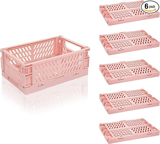 6 Pack Mini Foldable Small Plastic Baskets for Organizing and Storage，Collapsible Storage Crates,Mini Bins for Home Kitchen Bedroom Bathroom Office (Pink, Small 6x4x2.2)