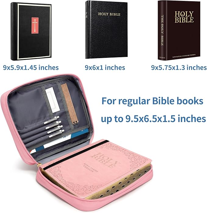 GUEER Bible Cover for Women, Bible Holder, Bible Cover Carrier Carrying Organizer Bag, Zipper and Pockets for Standard Size Bible, Gift for Women boy (Pink-Rose)