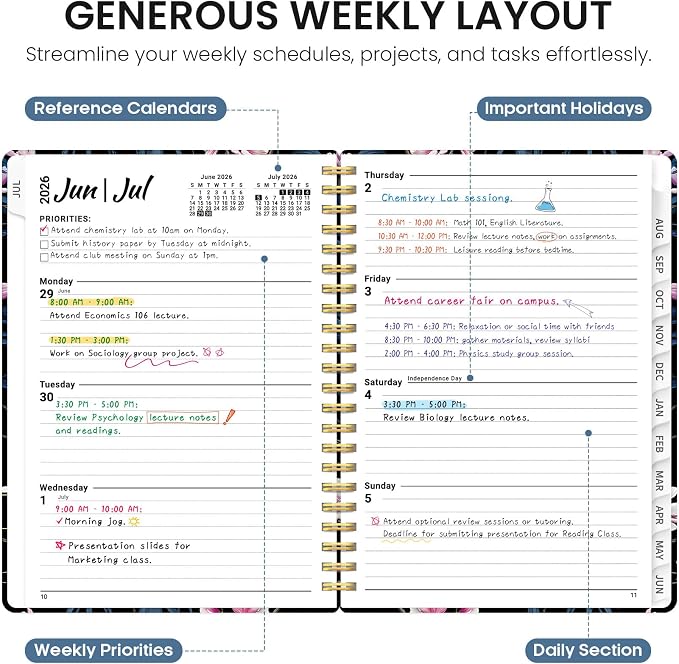 Planner 2026–2027, Academic Year Monthly & Weekly Calendar Book, Jul 2026–Jun 2027, Hardcover Organizer with Tabs, Student & Teacher Planner, 6.3" x 8.5", Magnolia Song