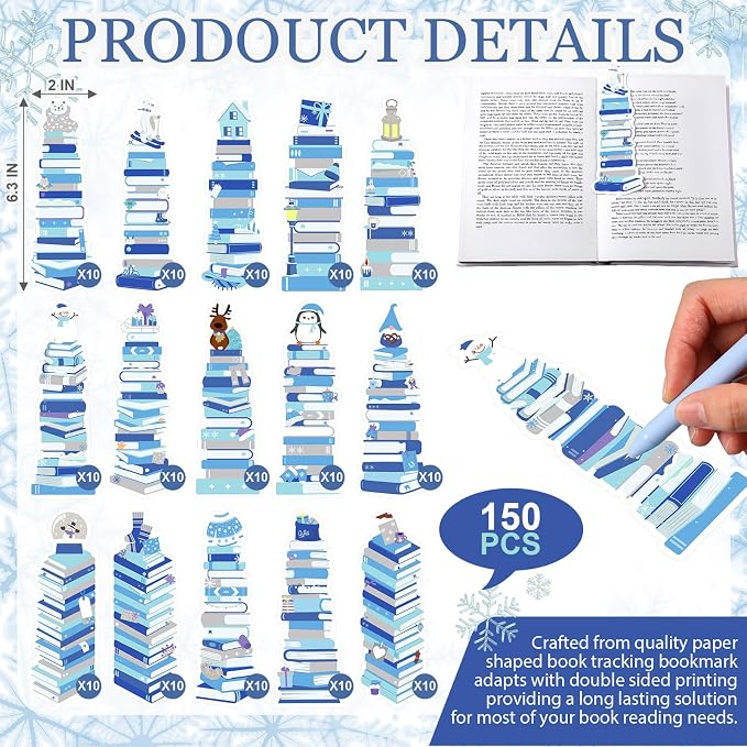 Kolldenn 150 Pcs Book Tracker Bookmarks Bulk 6.3 x 1.97 Inch Bookshelf Love to Read Bookmarks Paper Tracking Double Sided Reading Page Markers for Back to School Reading Lover(Winter)