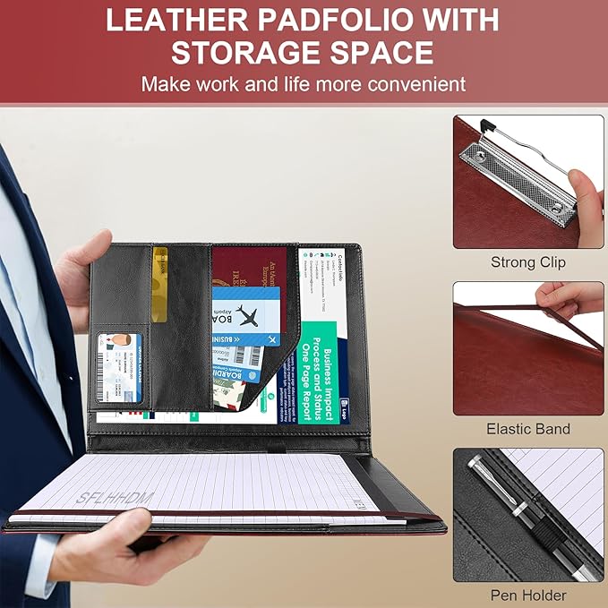 Clipboard Padfolio with Storage Pocket, Clipboard Folder Portfolio Organizer, 360 Degree Foldable Clipboards with Refillable Notepad,Faux Leather Padfolio Organizer for Office School Supplies-Wine Red