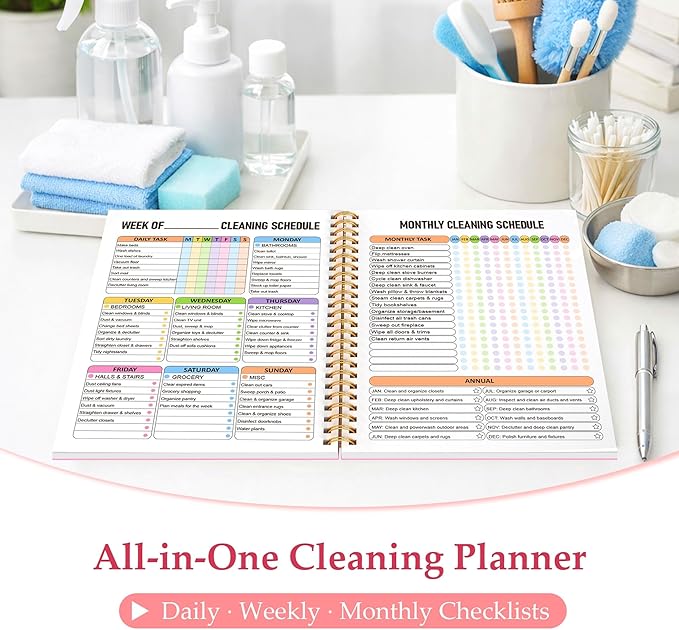 Home Cleaning Planner & Checklist Book for Women Adults – Daily, Weekly & Monthly Cleaning Schedule and Checklist, Housekeeping Organizer with Cleaning Lists, Spiral Bound Cleaning Book Planner