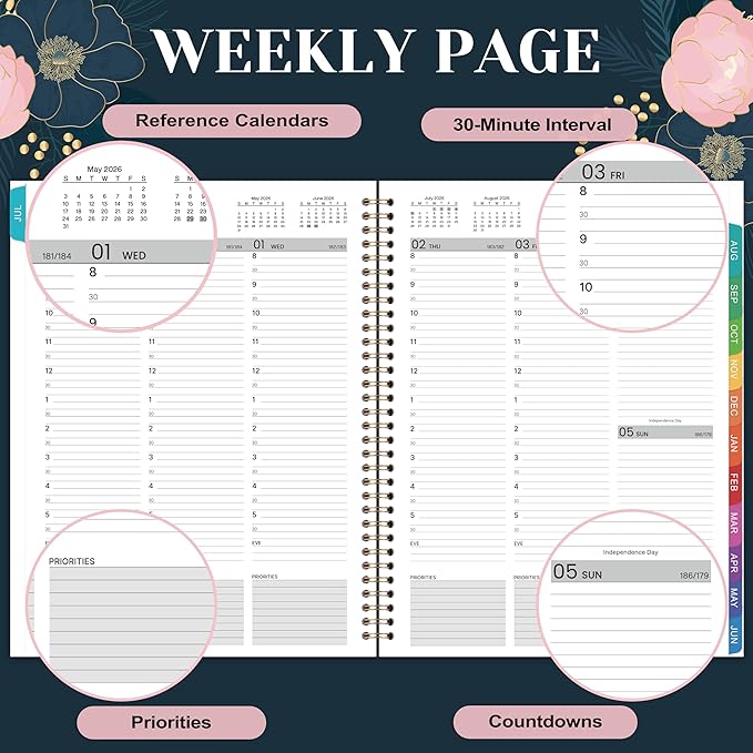 2026-2027 Appointment Book - July 2026 - June 2027, Weekly Appointment Book 2026-2027, 9"x11", Hourly Planner with 30-Minute Interval, Colorful Monthly Tabs, Back Pocket
