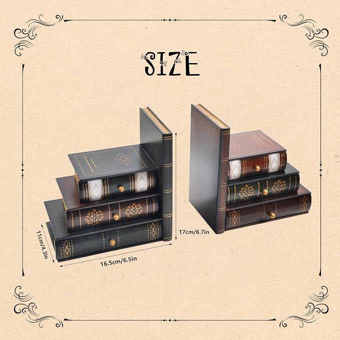 Vintage Wooden Bookends with Drawers – Decorative False Book Shelf Organizer for Home, Office, or Library (311)
