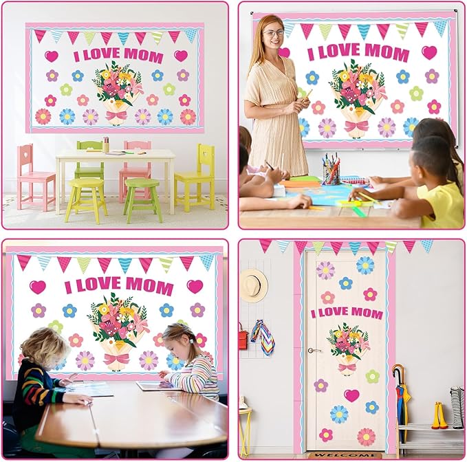 QOUBAI Mother's Day Bulletin Board Set I Love Mom Classroom Bulletin Board Decorations Mothers Day Flower Heart Cutouts Classroom Decorations for Preschool Nursery Toddler Kids Spring Decor Wall Door