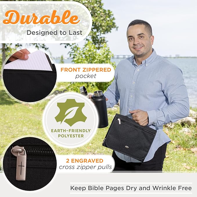 Christian Art Gifts Jesus Fish Badge Men/Women Tri-Fold Organizer Bible Cover Zipper Closure, Black Canvas, Large
