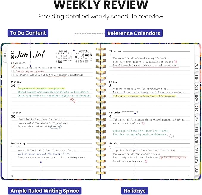 Planner 2026-2027, Monthly and Weekly Academic Planner July 2026 - June 2027, Hardcover Student Teacher Planning Agenda Calendar Book with Tabs, Perfect for Office School Supplies, A5 (6.3" x 8.5") - Petal Rhythm