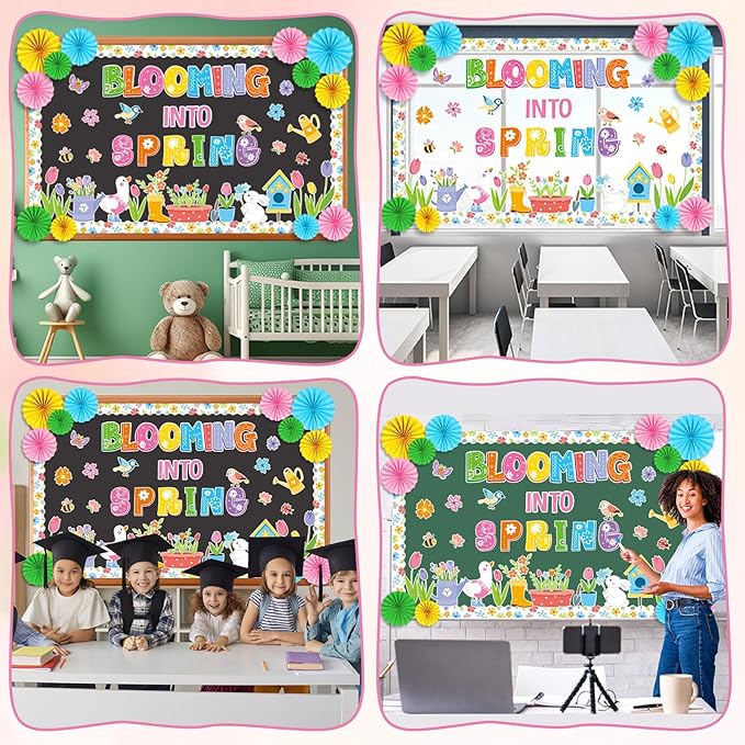 Spring Bulletin Board Decorations Set with 3D Paper Fans Blooming Into Spring for Colorful Tulip Flowers Butterfly Bee Bird Cutouts for Classroom Party School Home Office Chalkboard Wall Door Decor