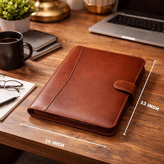 Leather Portfolio Padfolio Organizer – Professional Resume & Interview Portfolio Folder with Zipper Pocket, Card Slots & Pen Holders – Genuine Leather Business Portfolio Binder for Documents