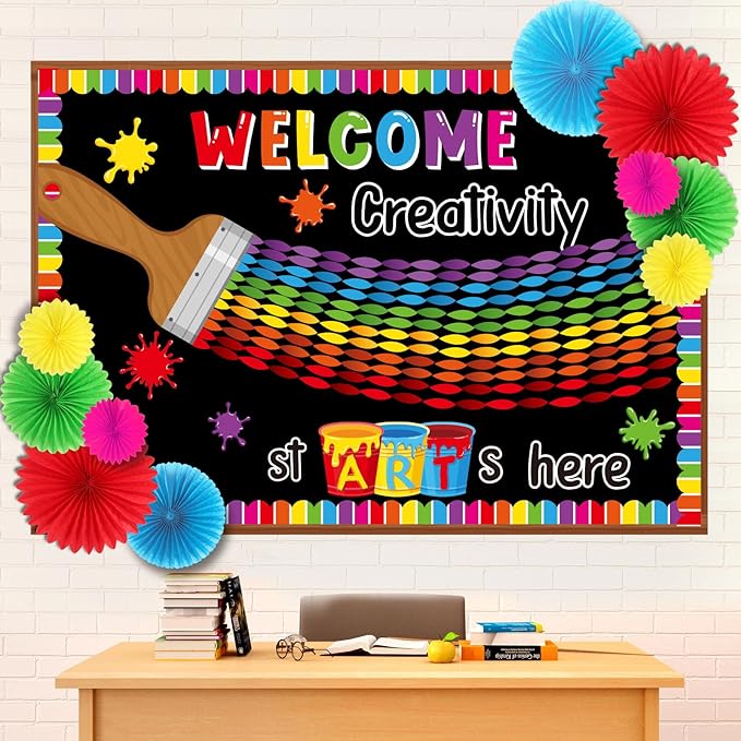 Pasimy Art Painting Bulletin Board Decorations Welcome Back Art Classroom Decor Rainbow Paintbrush Cutouts DIY Crepe Paper Rolls with Colorful Paper Fans for Wall Door Back to School Supplies