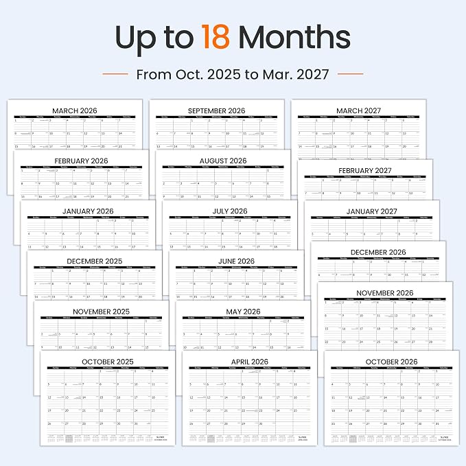 SUNEE Desk Calendar 2026, 18 Months from Oct. 2025 to Mar. 2027, 17"x12" Academic 2026 Calendar for Home, School, or Office Desk Top Organizing, Black Monthy Calendar 2026