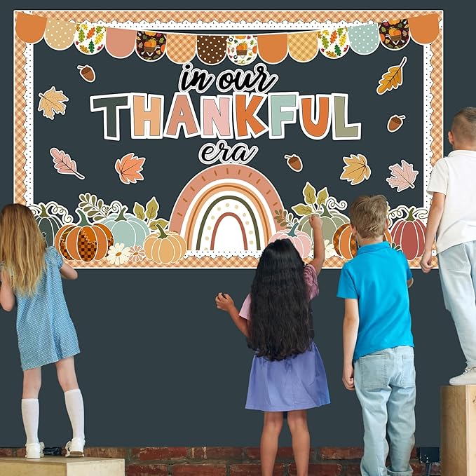Thanksgiving Pumpkin Bulletin Board Decorations Fall Classroom Decors Leaves Pumpkin Rainbow Paper Thankful Cutouts for Class School Autumn Harvest Chalkboard Wall Decor Supplies