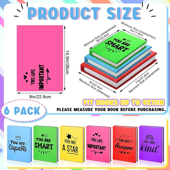AmazingSpark 6 Pcs Stretchable Book Cover Reusable Protector for Hardcover Textbooks up to 9 x 11 in, Inspirational Colored Quotes Book Covers Washable Textbook Protector Back to School Gift Supplies