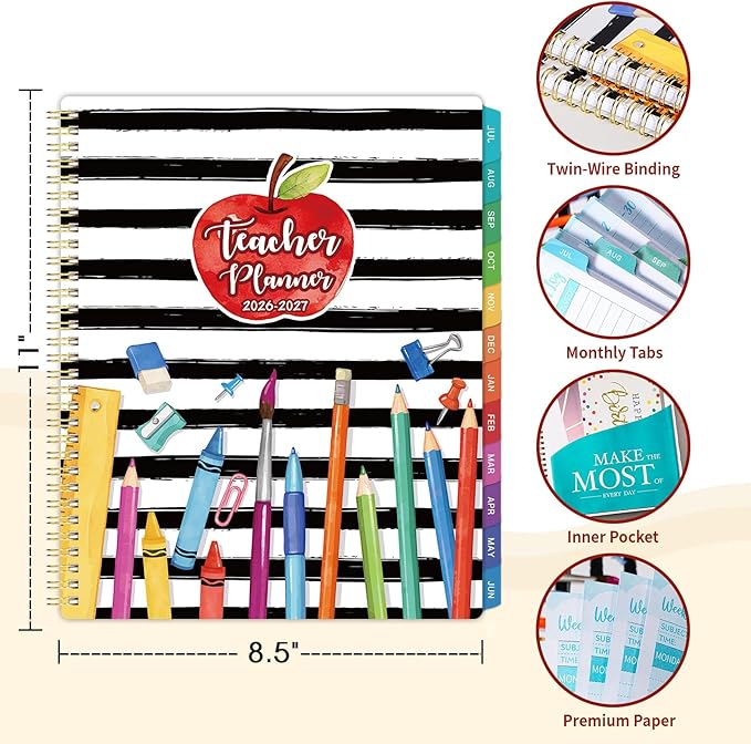 Teacher Planner 2026-2027 - Lesson Planner, Jul. 2026 - Jun. 2027, 8.5" x 11", Planner 2026-2027, Teacher Lesson Planner, Twin-wire Binding, Inner Pocket - Apple and Pencil