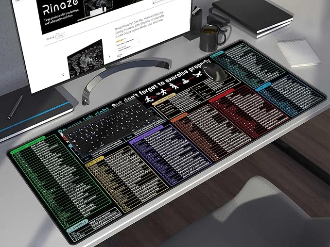 Rinaze Large Mouse Pad With Excel Shortcuts Cheat Sheet, Excel Tips Desk Mat, XXL Gaming Mousepad Keyboard Pad, Office Accessories for Computer, Mac, PC and Laptop