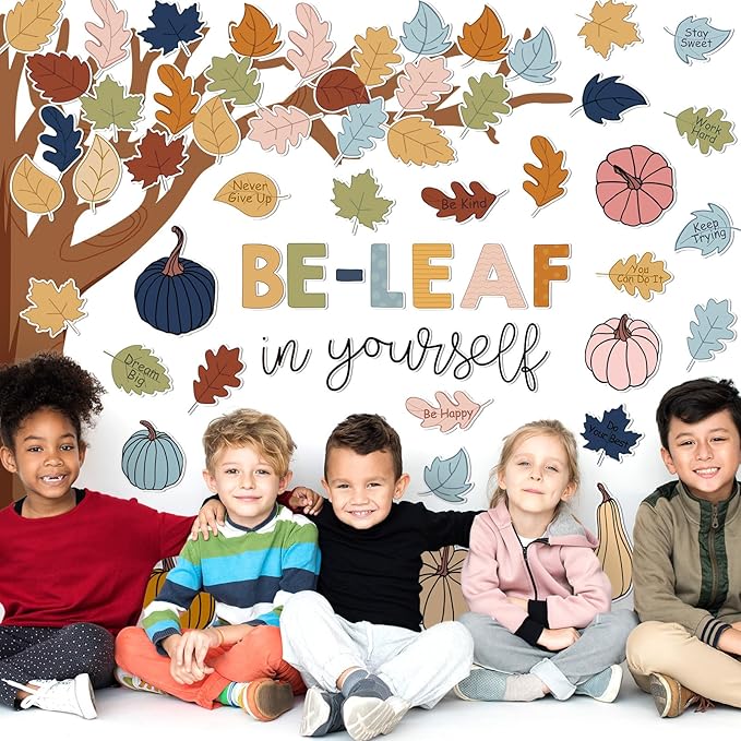 JarThenaAMCS 73Pcs Fall Tree Bulletin Board Decoration Inspirational Boho Colorful Maple Leaf Pumpkin Cutouts for Autumn Thanksgiving Classroom Wall Chalkboard Decor