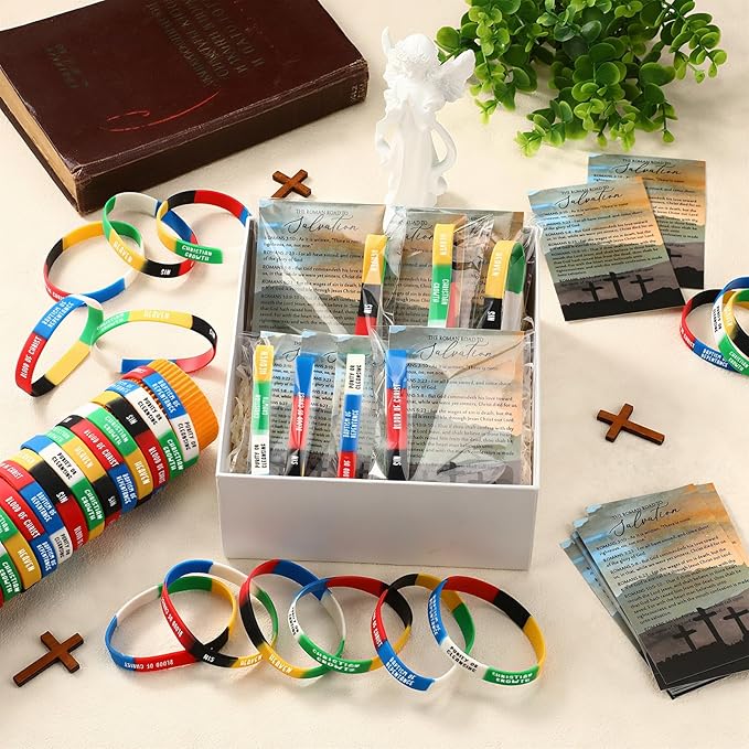 Gemscream 200 Sets Plan of Salvation Bracelets with Plan of Salvation Card Gospel Bracelet Christian Silicone Bracelets Gospel Tracts Father's Day Scripture Gift for Women Men Church Pastor