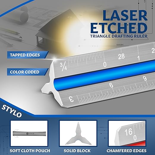 Stylo 12" Aluminum Architect Scale Ruler Laser Etched Triangle Drafting Ruler, Color Coded Grooves for Blueprint, Drafting and Drawing, Architectural Scale Ruler for Blueprints (Grey, Imperial Units)
